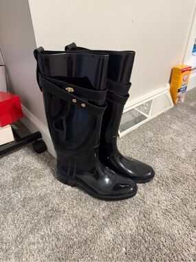 Coach Black Gloss Tall Rain Boots with Signature Strap